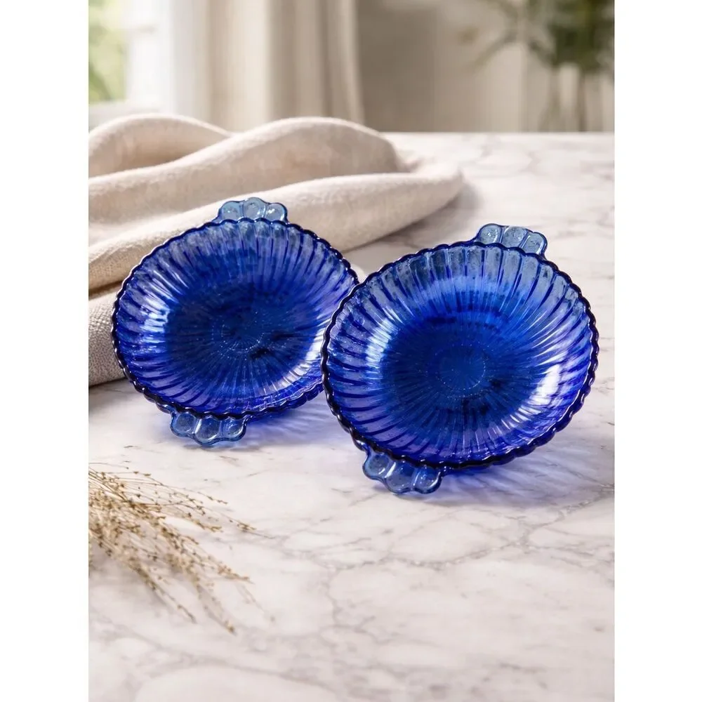 Vintage - Set of 2 Small Blue Glass Modern Design Bowls with Ridge Design